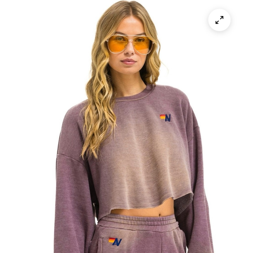 Aviator Nation ESSENTIAL CROPPED CREW SWEATSHIRT (Faded Mocha) Medium